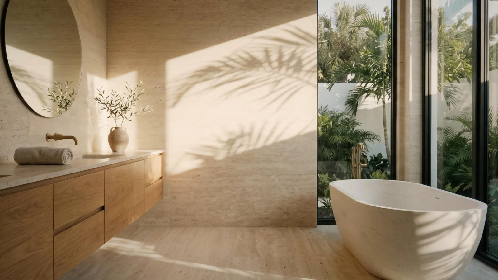 A sunlit travertine bathroom with a freestanding stone tub, palm shadows on the wall and a walled garden outside