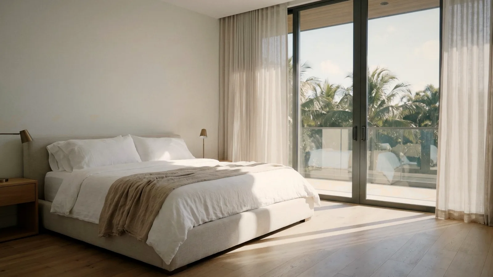 A calm sunlit bedroom with linen curtains and palms outside