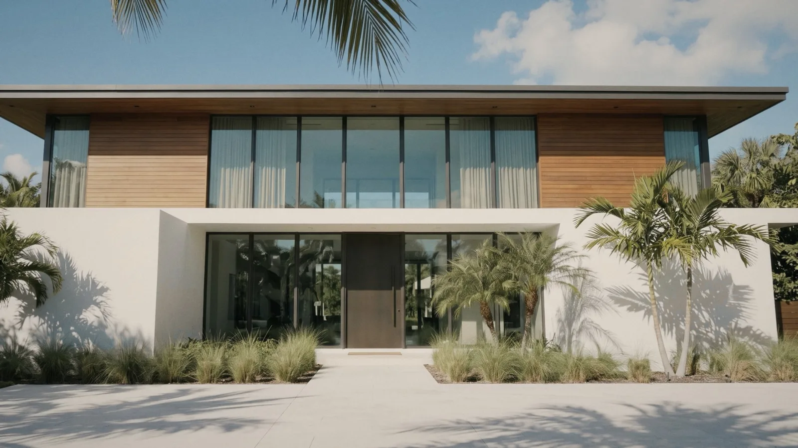 The front of a modern white Florida home with a teak upper floor, wide glass and palm shadows across the driveway