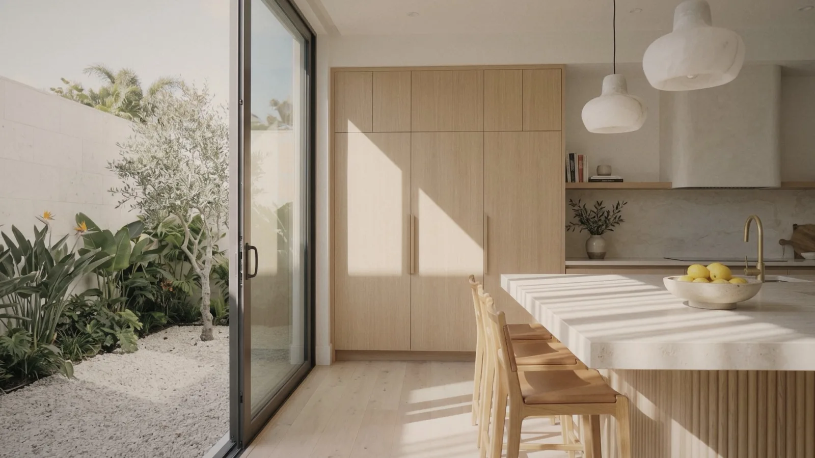 A sunlit kitchen with a travertine island and a courtyard garden beyond the glass