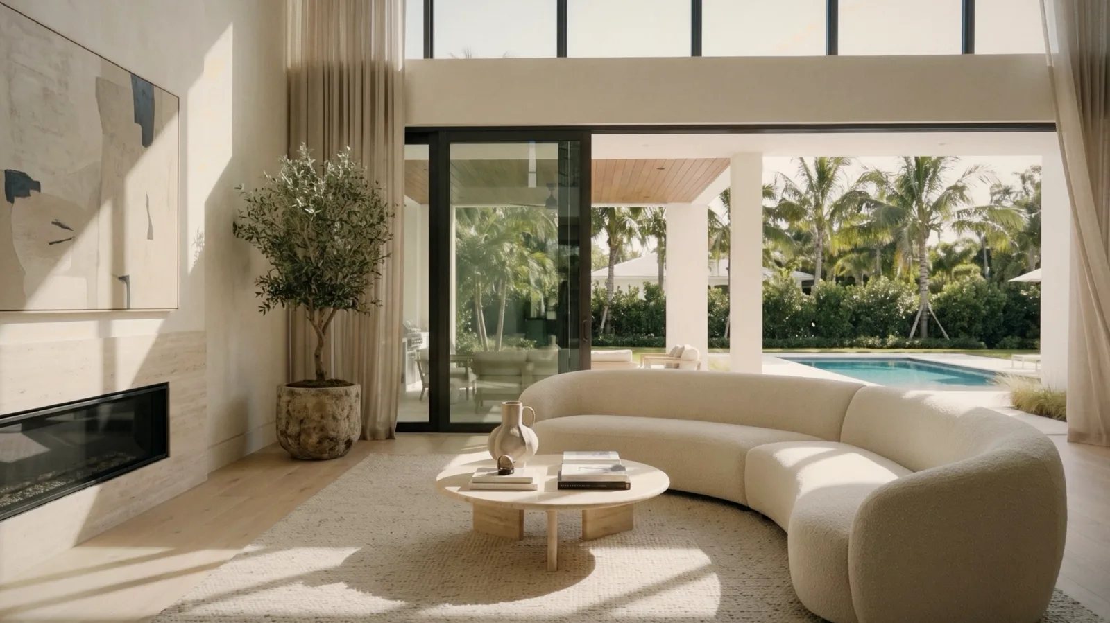 A bright double-height living room with a curved cream sofa, a travertine fireplace and glass doors open to the pool