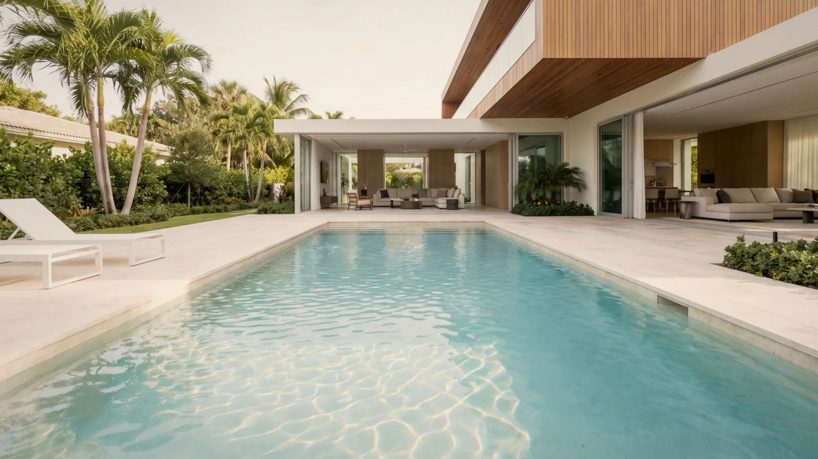 A long lap pool beside a modern white and teak home with palms along a garden wall